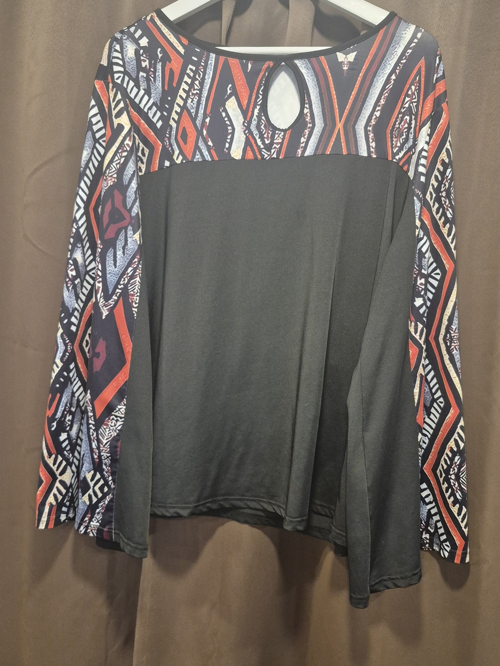 Black Top with Aztec Print Sleeves and Keyhole